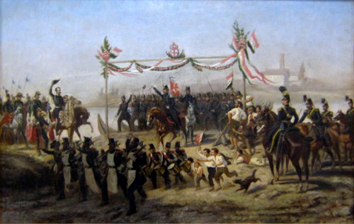 Carlo Alberto, con la feluca in mano, accoglie le truppe piemontesi aldilà del Ticino: è l'inizio della Prima guerra di indipendenza
