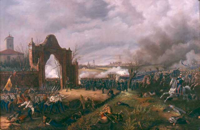 Un dipinto del 1863 che raffigura gli scontri a Villa Visconti durante la battaglia di Novara