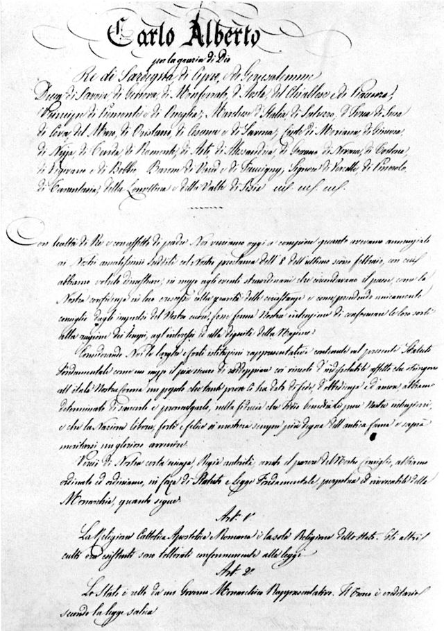 La prima pagina dello Statuto Albertino
